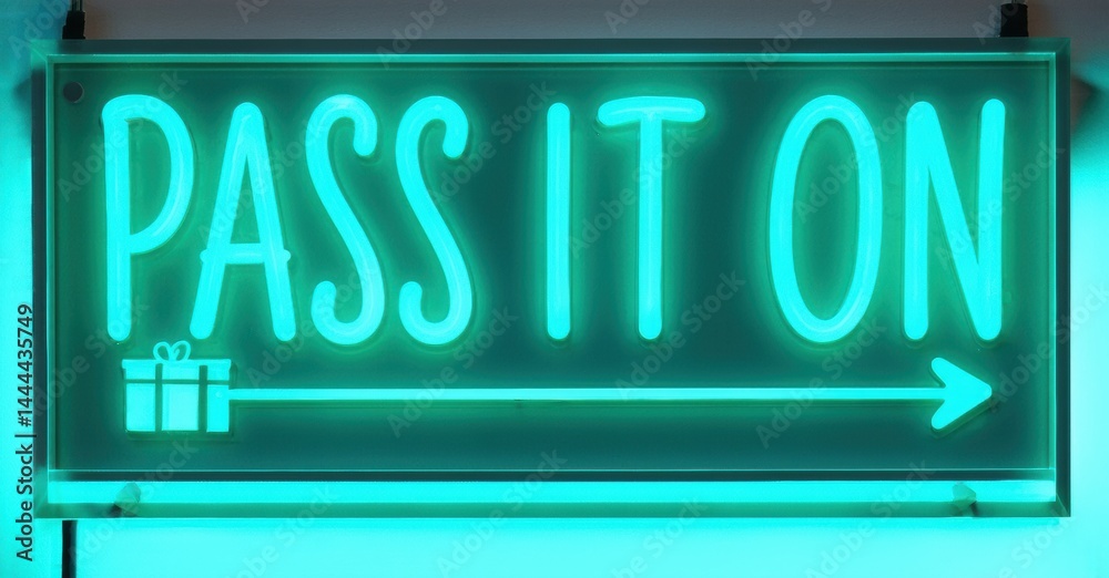 Obraz premium Bright neon sign displays PASS IT ON with gift illustration, arrow pointing right. Dark background enhances glowing effect. Simple, direct message.