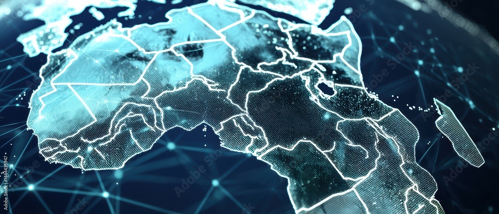 Digital map representation of Africa with network connections and data visualizations.