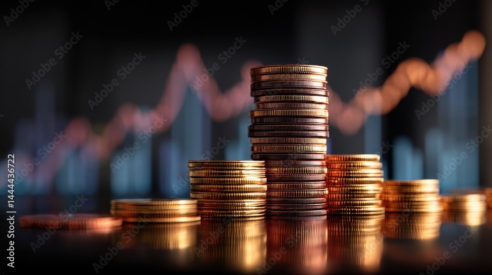 Stacks of coins with a blurred graph backdrop, symbolizing financial growth and investment.