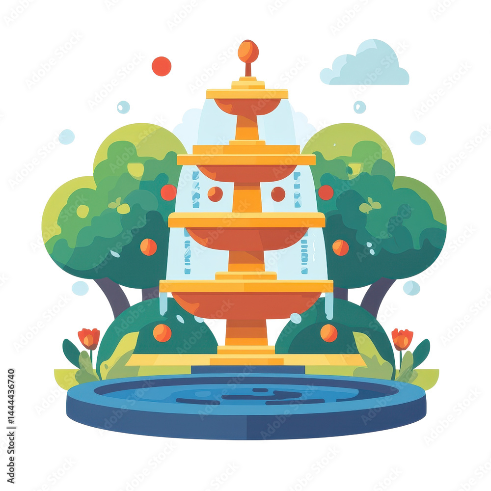 Flat style illustration of a fountain, isolated on a white background. cutout png