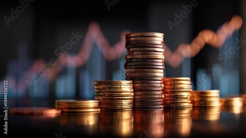 Obraz na płótnie Stacks of coins with a blurred graph backdrop, symbolizing financial growth and investment. w salonie
