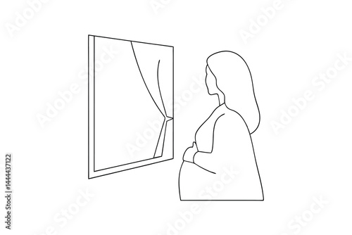 Minimalist line art of a pregnant woman gazing out the window