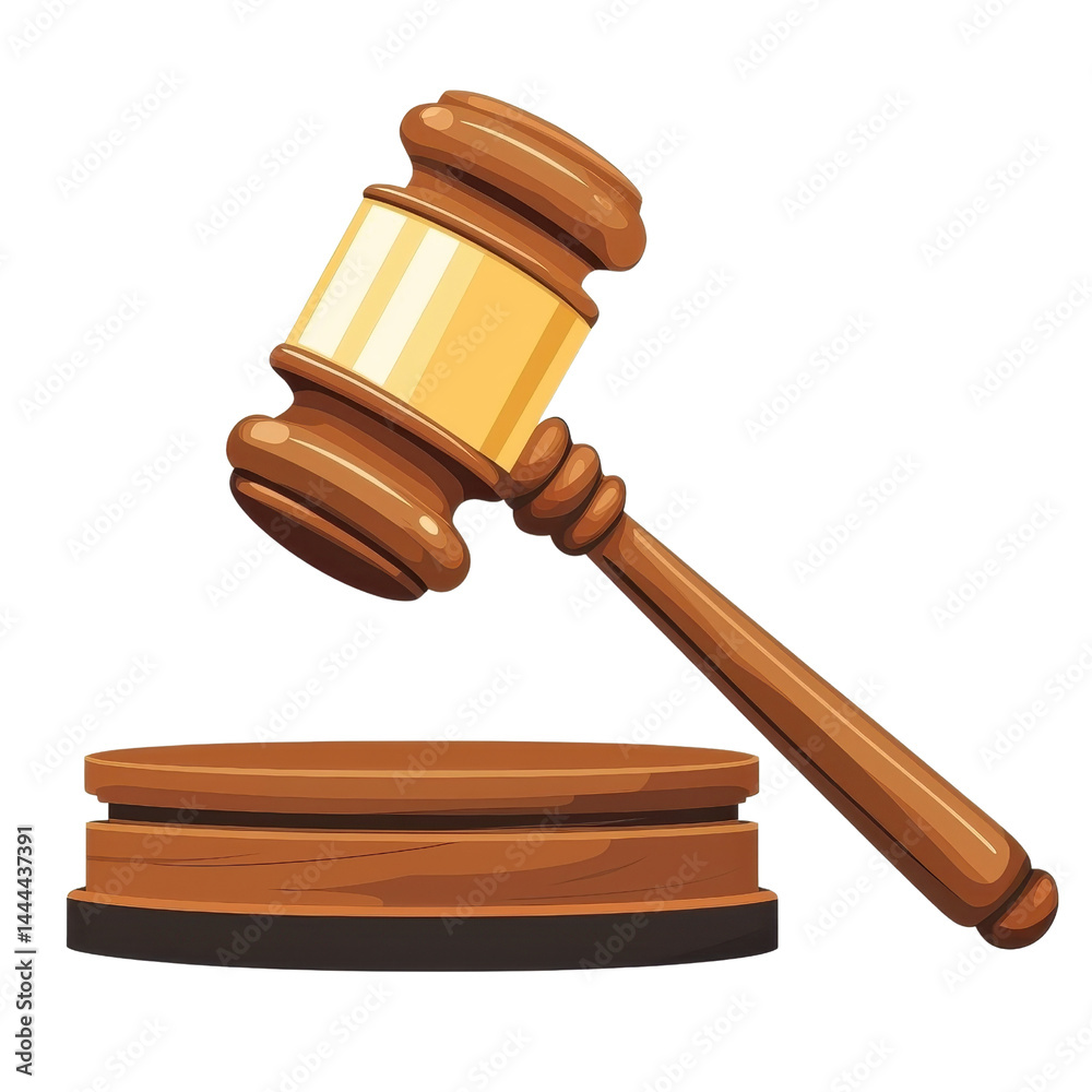 Flat style illustration of a judge gavel, isolated on a white background. cutout png