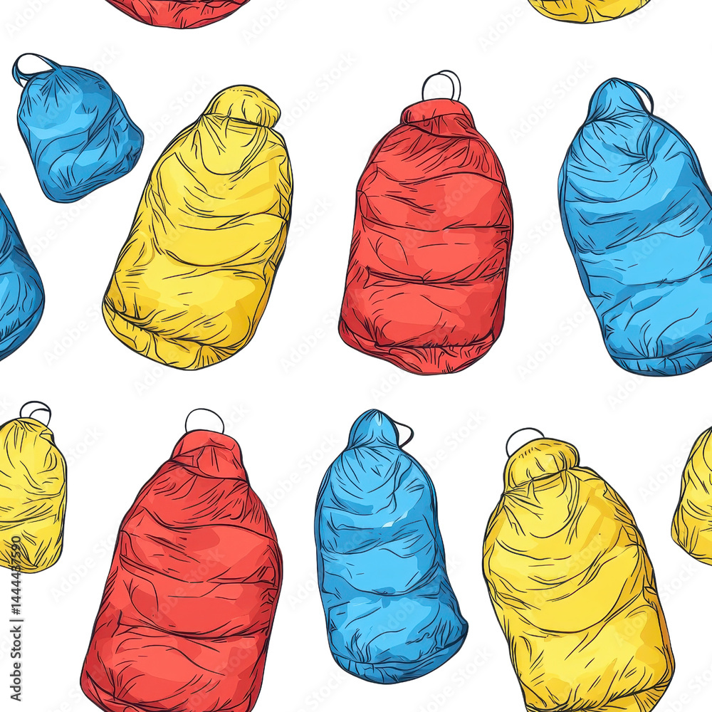 Colorful, seamless pattern of sleeping bags, stylized, isolated on a white background. cutout png