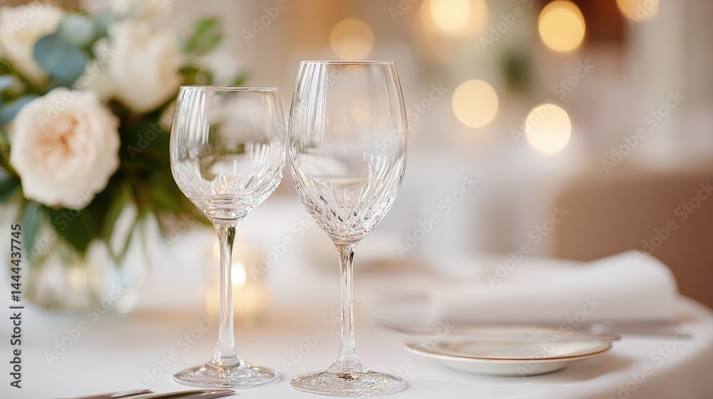elegantly prepared gala dinner table set with sparkling glasses minimalist centerpiece ample copy space and clean linens elegantly prepared gala dinner table set with sparkling glasses minimalist centerpiece ample copy space and clean linens