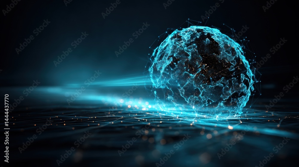 Abstract representation of a glowing sphere with interconnected lines and a flowing background, evoking a sense of technology and innovation.