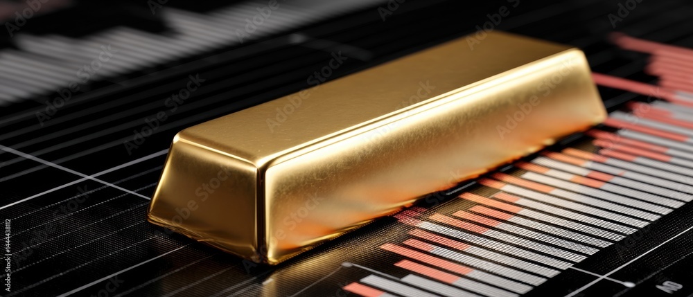 A shiny gold bar rests on a graph, symbolizing wealth and financial investment trends.