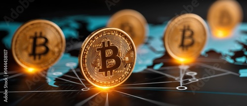 Obraz na płótnie Digital representation of Bitcoin coins with a global network background, highlighting cryptocurrency's impact. w salonie