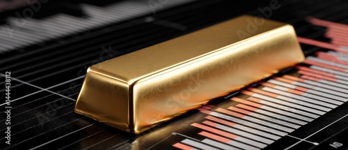 Obraz na płótnie A shiny gold bar rests on a graph, symbolizing wealth and financial investment trends. w salonie