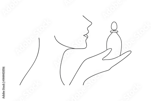 Minimalist line art illustration of woman smelling perfume from a bottle held in hand