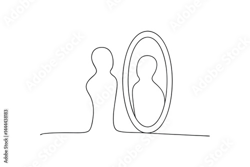Continuous line drawing silhouette woman facing mirror reflecting minimalist art