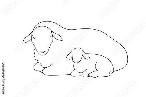 Minimalist outline of ewe sheep and lamb lying down in peace together