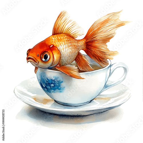 Fish Swimming In A Teacup, vector watercolor illustration, isolated on a white background.