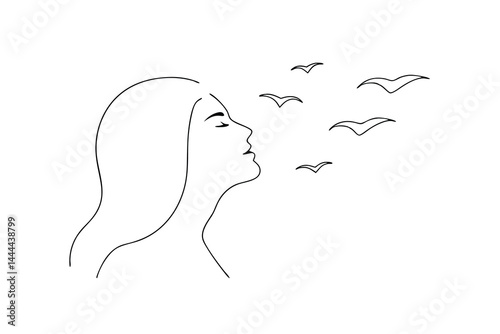 Minimalist woman profile with birds flying free line art illustration