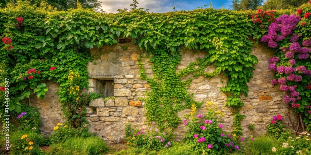 Fototapeta premium Ancient stone herb wall with lush greenery and vines covered in wildflowers, ancient stonework