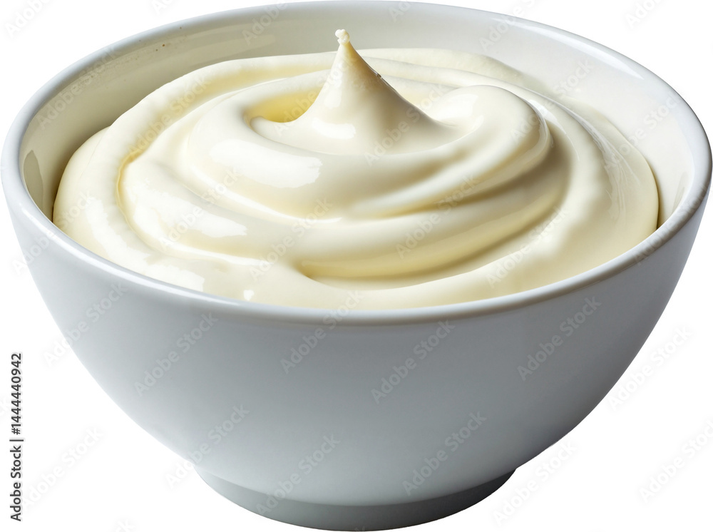 High-resolution image of a pristine white ceramic bowl filled with fresh sour cream, isolated on transparent background for food packaging and culinary use. High-resolution image of a pristine white ceramic bowl filled with fresh sour cream, isolated on transparent background for food packaging and culinary use.