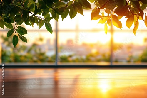 Sunlight streams through leaves onto a wooden surface overlooking a city at sunset