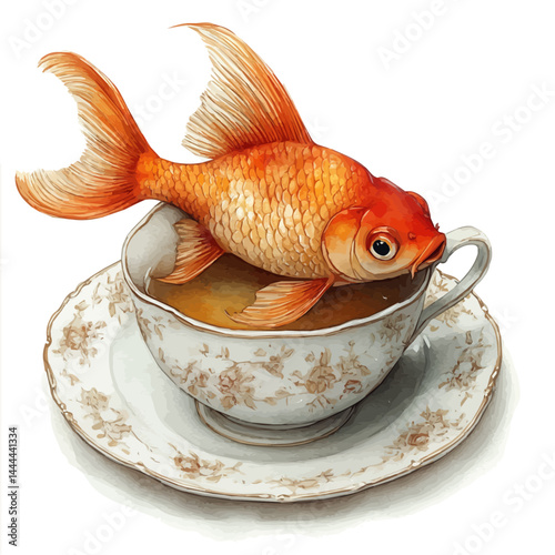Fish Swimming In A Teacup, vector watercolor illustration, isolated on a white background.