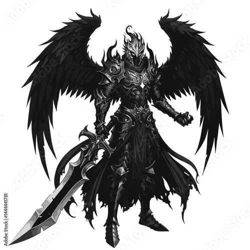Dark armored angel wielding sword in a fantasy setting  