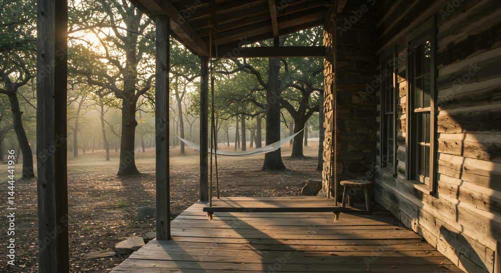 Rustic Cabin Porch With Hammock And Forest View At Sunrise Rustic Cabin Porch With Hammock And Forest View At Sunrise