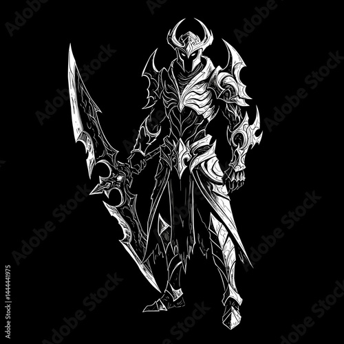Dark fantasy warrior character holding a sword against a black background  
