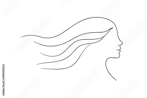 Minimalist outline of woman with flowing hair against white background