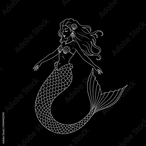 Elegant Mermaid Illustration in Black and White  