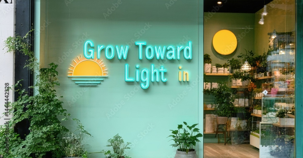 Obraz premium Shopfront displays Grow Toward Light signage. Plants visible inside, creating inviting atmosphere. Green wall adds natural touch.