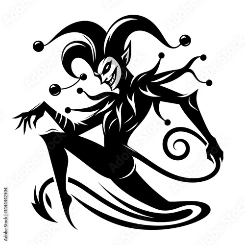 Mischievous jester character in black silhouette design  