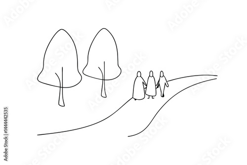 Minimalist line art of family walking in nature simple illustration