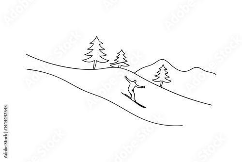 Minimalist line art illustration of skier on mountain slope with trees