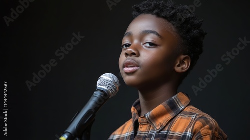 A student reciting a poem at a school talent show photo
