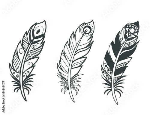 Three stylized black feathers with tribal decorative elements