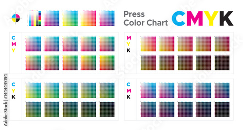 CMYK Press Color Chart. Cyan. Magenta. Yellow. Black. Vector color palette, CMYK process printing match. Color palette for CMYK printing technologies. For digital, offset, packaging printing
