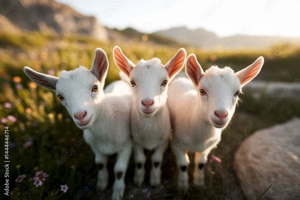 Fototapeta premium Cute baby goat trio in morning field, fluffy baby goat trio on farm meadow, happy baby goat trio in natural sunlight, organic goat farming, adorable livestock photography, rural animal lifestyle