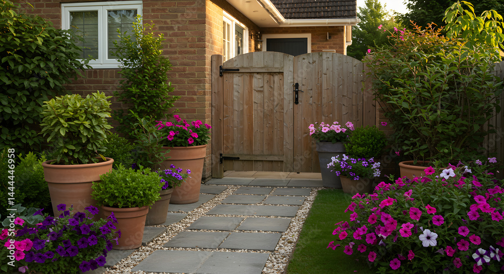 Charming Garden Gateway With Flowerpots and Stone Pavers Path Charming Garden Gateway With Flowerpots and Stone Pavers Path