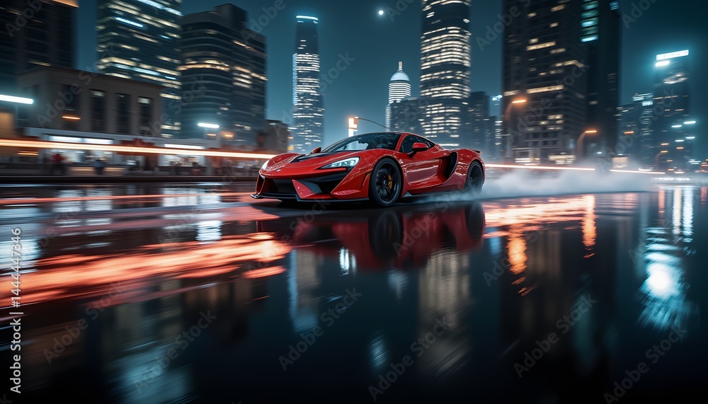 Obraz premium Red sports car driving fast in city at night wallpaper background automotive transport vehicle luxury 4k hd