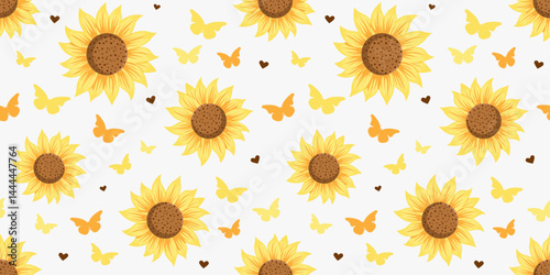Cute Realistic Sunflower Seamless Pattern Style with Butterfly and Love