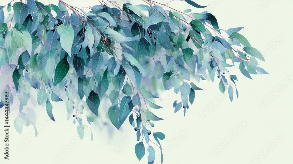 Elegant eucalyptus branches with teal and light blue leaves cascading from above on a soft white background, botanical illustration