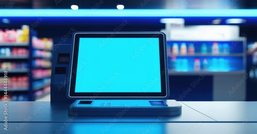 Futuristic retail checkout counter with digital screen showing empty promo slot deep navy and bright blue symbolizing smart shopping technology Futuristic retail checkout counter with digital screen showing empty promo slot deep navy and bright blue symbolizing smart shopping technology