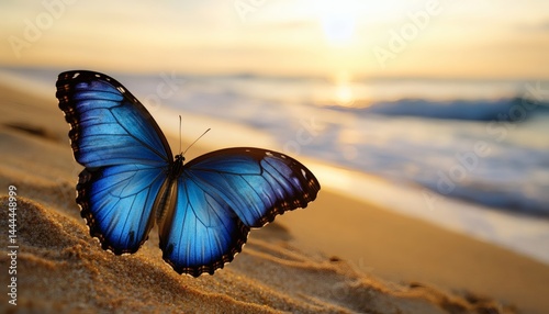 Vibrant blue butterfly resting on golden sand near ocean waves.