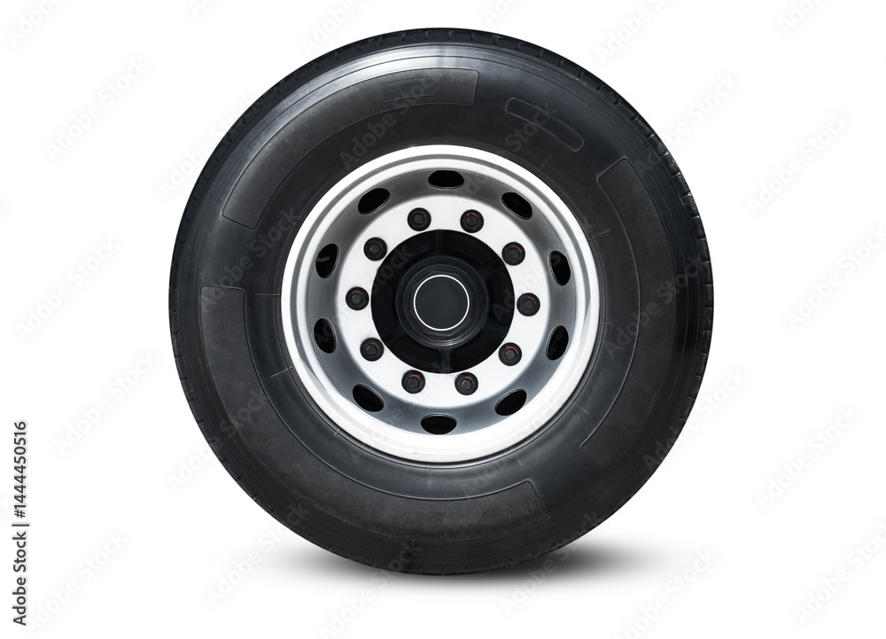 Fototapeta premium Truck Wheels Tire on White Background, Chrome Rims, Alloy Wheels. Big rig, Semi Trailer Truck Wheels. Freight Truck Logistics Transport.