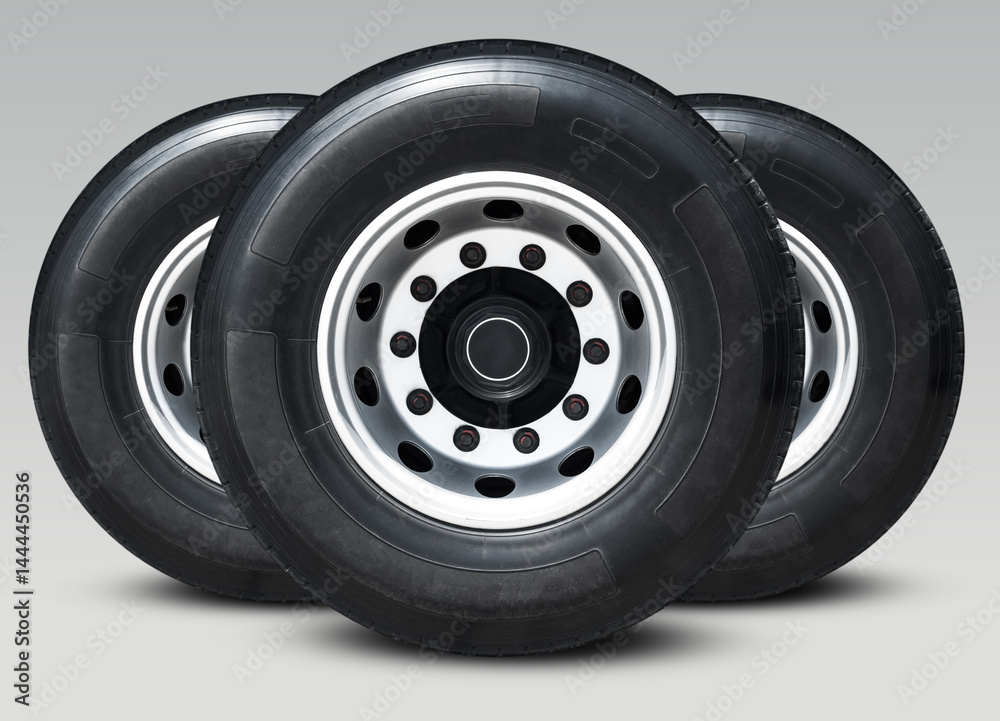 Obraz premium Truck Wheels Lined up. Truck Wheels and Tires. Chrome Rims, Alloy Wheels. Big rig, Semi Truck. Freight Truck Logistics Transport.