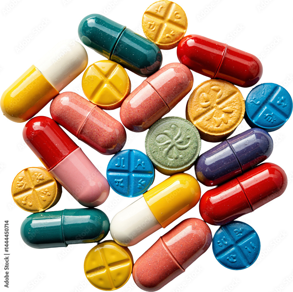 Vibrant Multicolor Pharmaceutical Vitamin Pills Isolated on Transparent Background for Health and Wellness Marketing
