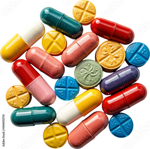 Obraz na płótnie Vibrant Multicolor Pharmaceutical Vitamin Pills Isolated on Transparent Background for Health and Wellness Marketing w salonie