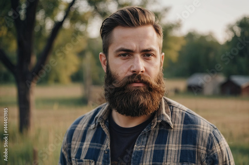 A serious man with a well-groomed beard, wearing a plaid shirt, poses outdoors in a field.