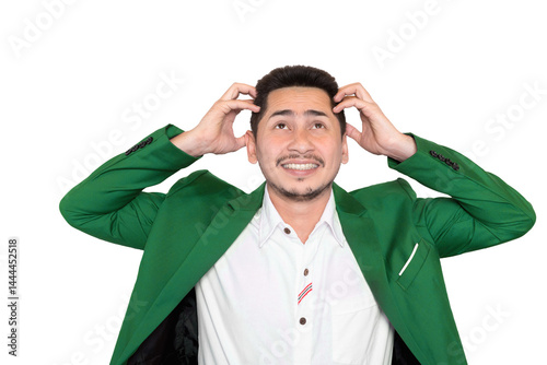 Portrait of young businessman headache and stressed on white background.