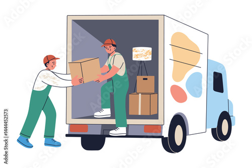 Flat cartoon vector illustration of professional movers loading boxes and furniture into truck. Two men working together during relocation, moving home concept. Moving services and house transfer