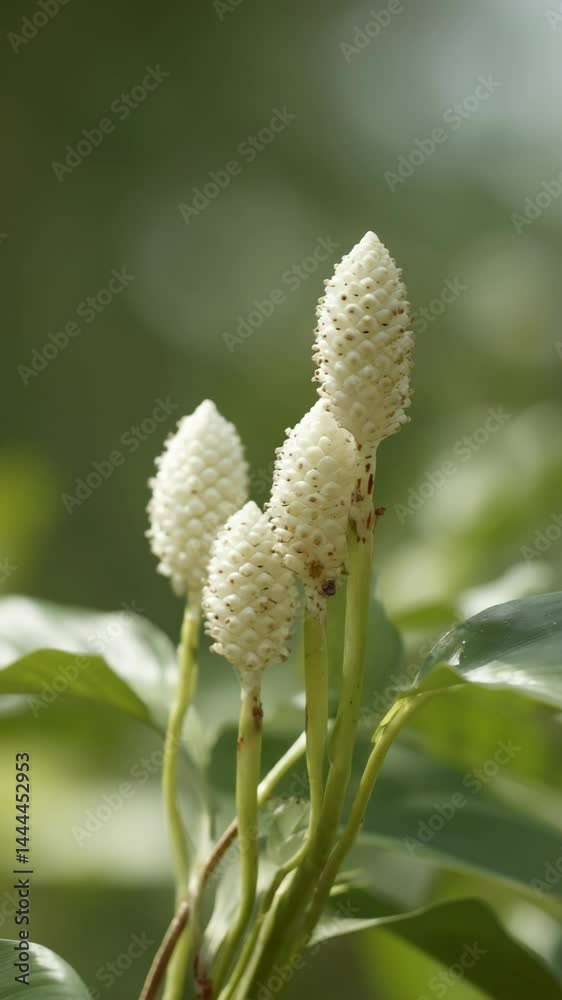 Close up shot of bright white lizard tail plants growing amidst vibrant green foliage in bright outdoor lighting Close up shot of bright white lizard tail plants growing amidst vibrant green foliage in bright outdoor lighting