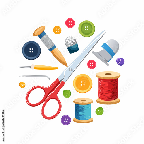 Colorful Sewing Supplies Arranged in a Circle on White Background